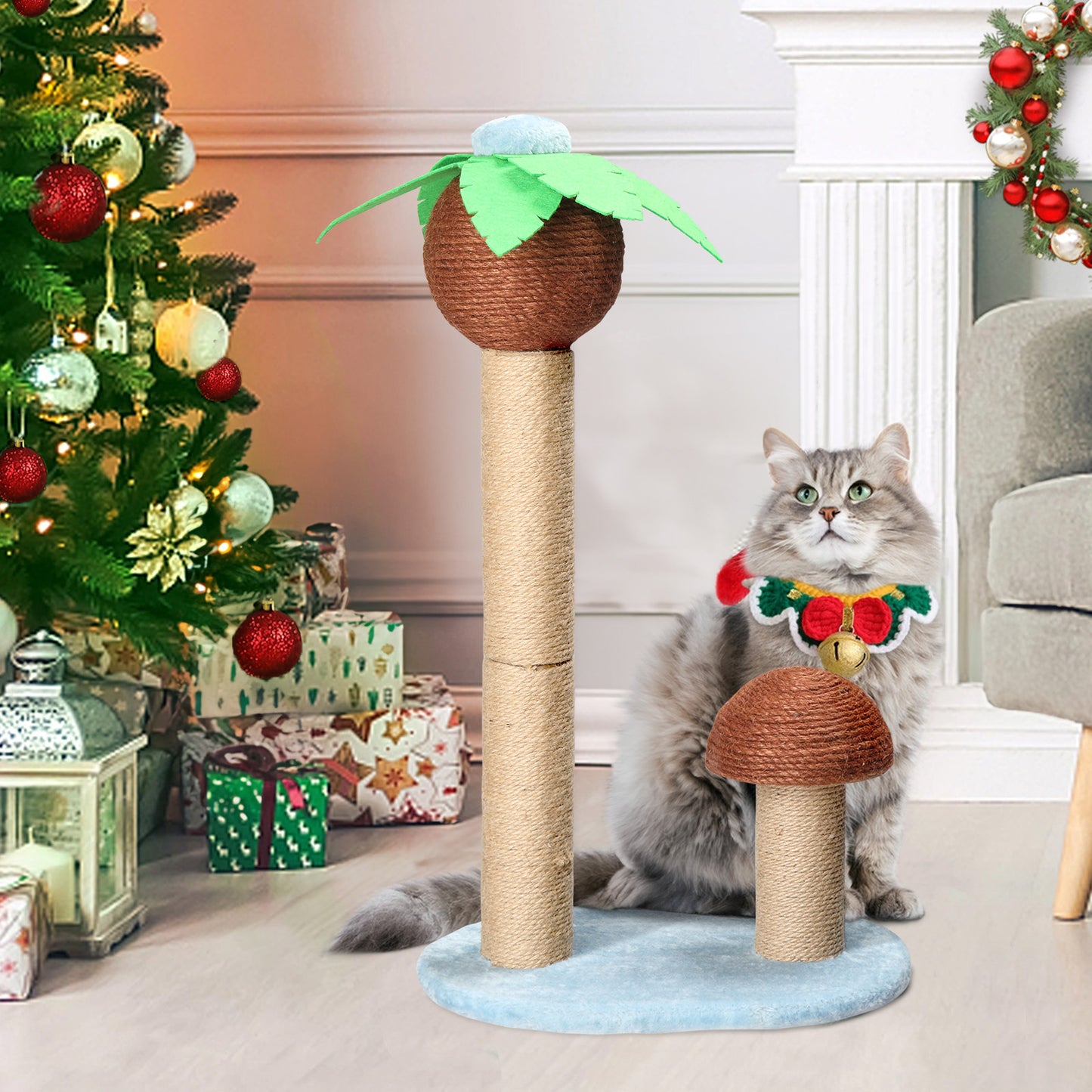 27.5in Coconut Palm Tree Cat Scratching Post, Cute Cat Scratcher with Natural Sisal Posts & Dangling Balls for Indoor Cats