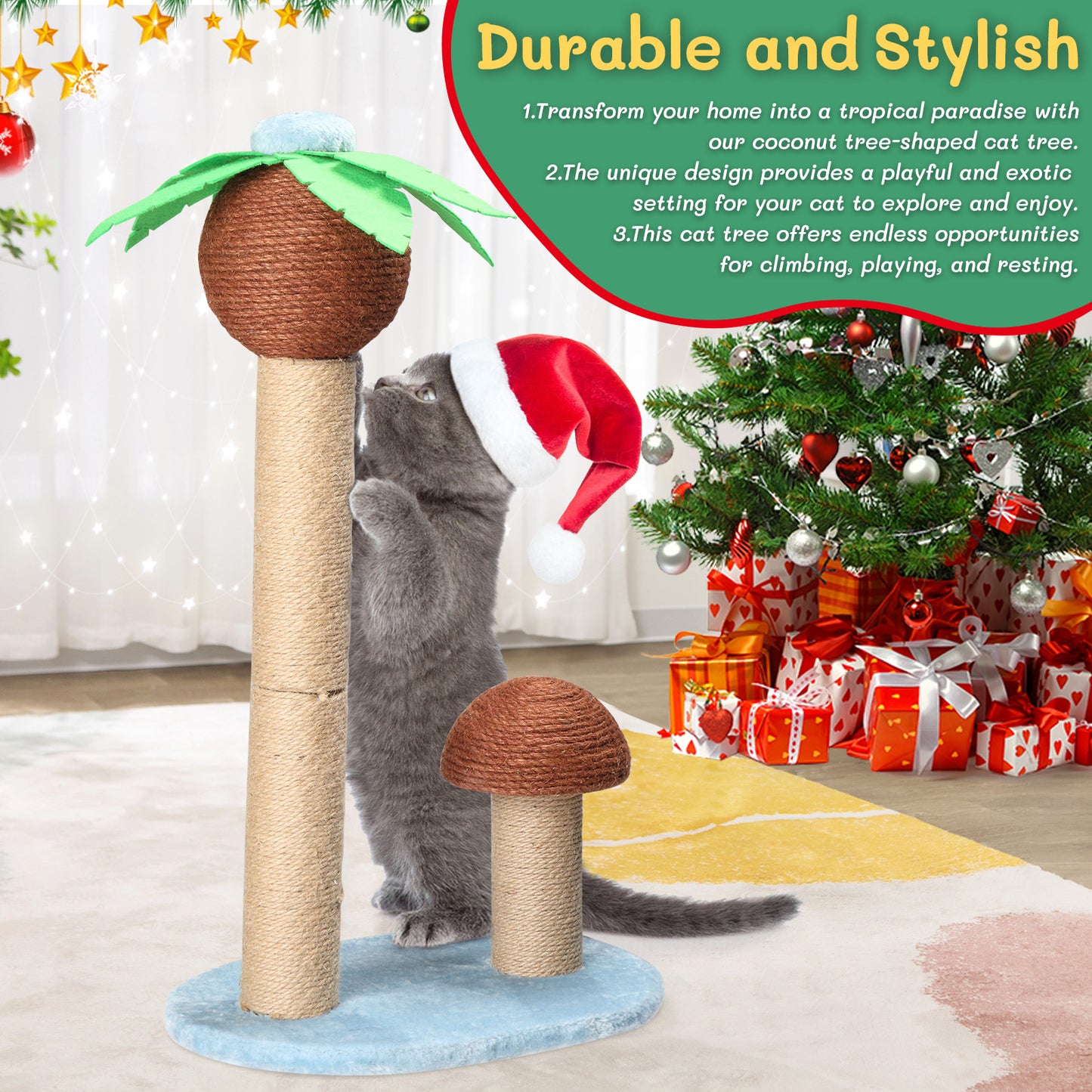 27.5in Coconut Palm Tree Cat Scratching Post, Cute Cat Scratcher with Natural Sisal Posts & Dangling Balls for Indoor Cats