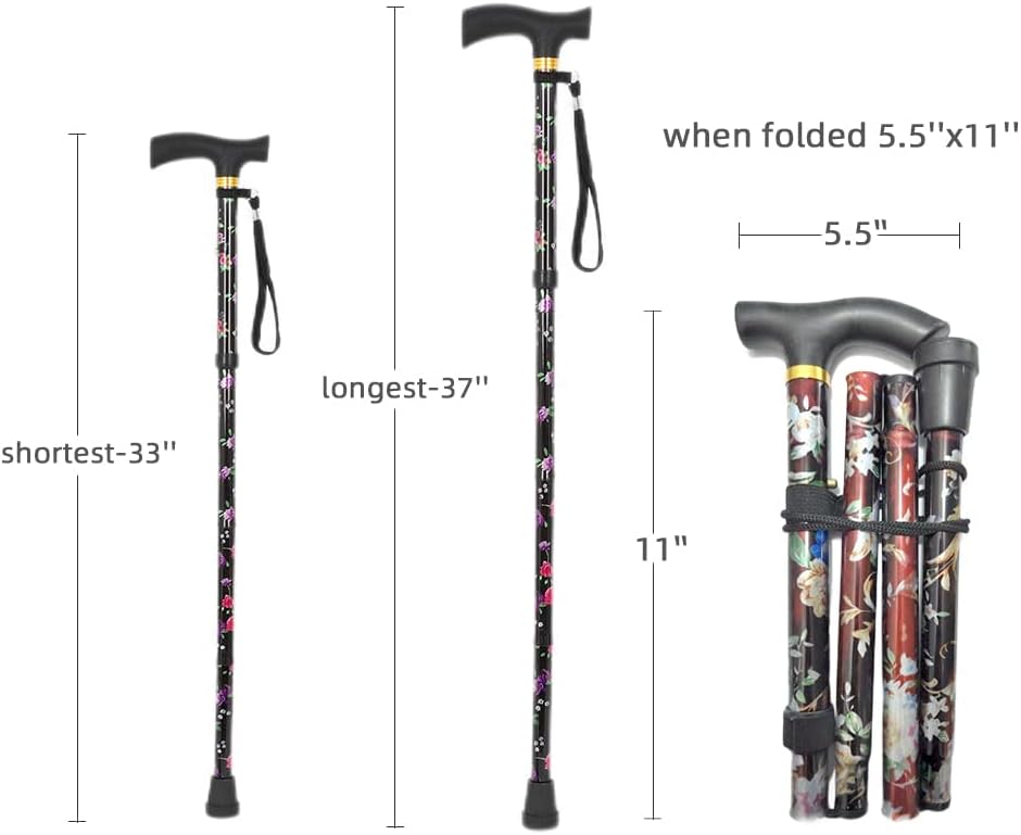 Folding Aluminium Walking Stick, Floral Pattern, T-Handle with Wrist Strap, Green