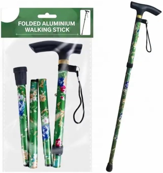 Folding Aluminium Walking Stick, Floral Pattern, T-Handle with Wrist Strap, Green