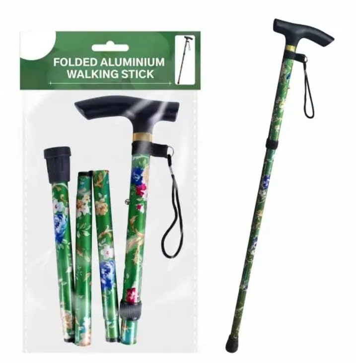 Folding Aluminium Walking Stick, Floral Pattern, T-Handle with Wrist Strap, Green