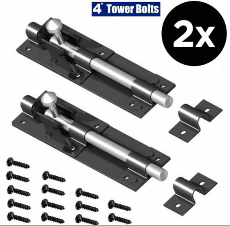 4-inch Door Bolts with Screws, Black, Pack of 2, Garden Gate and Shed Security Lock