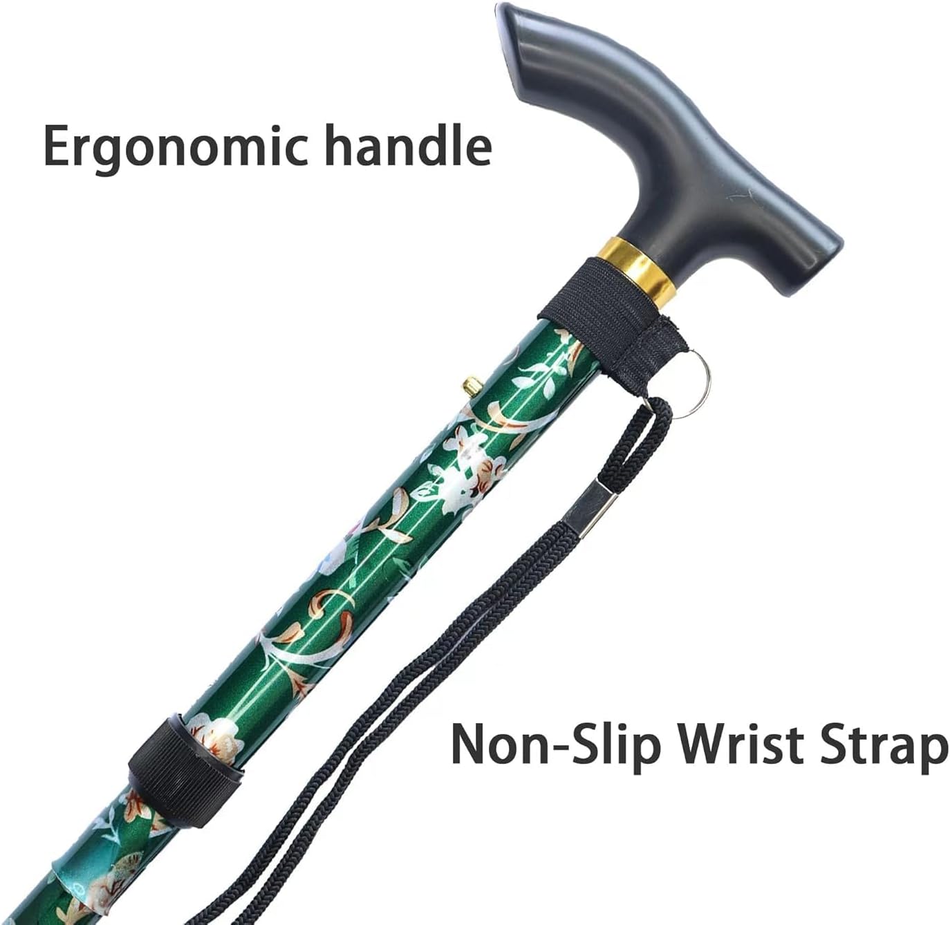 Folding Aluminium Walking Stick, Floral Pattern, T-Handle with Wrist Strap, Green