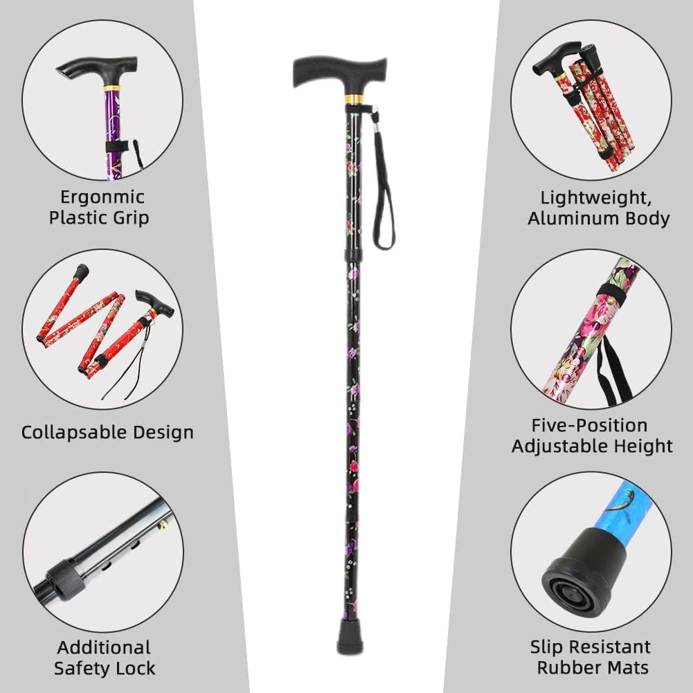 Folding Aluminium Walking Stick, Floral Pattern, T-Handle with Wrist Strap, Green