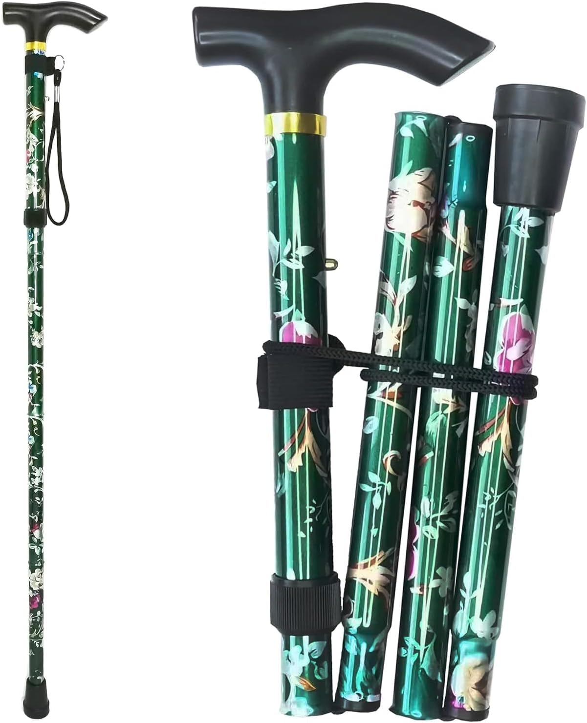 Folding Aluminium Walking Stick, Floral Pattern, T-Handle with Wrist Strap, Green