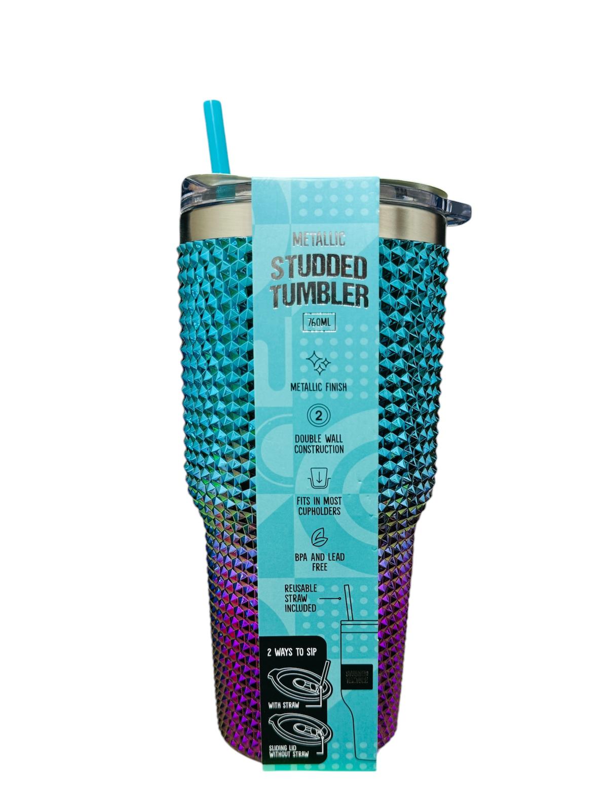 Metallic Studded Tumbler 750ml Metallic Finish Double Wall Construction NPA and Lead Free 2 Ways to sip