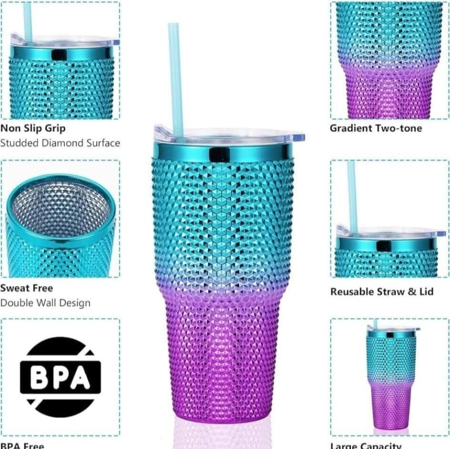 Metallic Studded Tumbler 750ml Metallic Finish Double Wall Construction NPA and Lead Free 2 Ways to sip